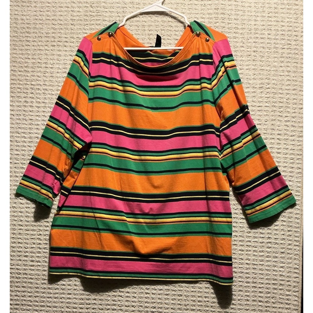 Lauren Ralph Lauren Worms Striped Top Shirt 2XL 3/4 Sleeves Boat Neck Pink Black